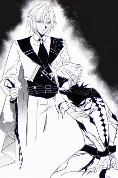 2boys 3_3lecho absurdres armor arms_behind_back belt bodysuit bound bound_wrists cloud_strife cloud_strife_(bahamut_garb) commentary eye_mask facial_mark final_fantasy final_fantasy_vii final_fantasy_vii:_ever_crisis flower formal_clothes hashtag-only_commentary highres holding holding_leash jacket kneeling leaning_forward leash looking_down male_focus mask monochrome multiple_belts multiple_boys official_alternate_costume pants parted_bangs pauldrons rose sephiroth sephiroth_(dark_attire) sephiroth_(ever_crisis) serious short_hair shoulder_armor single_pauldron sketch spiked_hair standing wing_collar yaoi