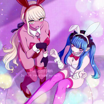 2girls amemiya_darumi animal_ear_hairband animal_ears bandaged_arm bandages black_bow black_gloves black_hair blonde_hair blue_hair blush bow bowtie breasts brown_eyes cleavage collarbone commentary_request dark-skinned_female dark_skin detached_collar ear_piercing eyelashes facepaint facial_mark fake_animal_ears fingernails gloves hair_bow hairband hand_on_own_leg heart heart_facial_mark high_heels kawana_tsubasa lens_flare leotard mayumalis mole mole_under_mouth multicolored_hair multiple_girls open_mouth pale_skin piercing pink_eyes pink_thighhighs pixiv_id playboy_bunny rabbit_ear_hairband rabbit_ears red_bow red_bowtie red_hairband red_leotard red_shoes shoes sitting smile standing strapless strapless_leotard the_hundred_line_-last_defense_academy- thighhighs tongue tongue_out twintails two-tone_hair white_hairband white_leotard wrist_cuffs