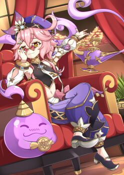 1girl absurdres commentary_request crop_top crossed_legs detached_sleeves dori_(genshin_impact) genshin_impact glasses hair_between_eyes hat highres jinni_(genshin_impact) looking_at_viewer looking_over_eyewear midriff navel nugi_(armenci) pince-nez pink-tinted_eyewear pink_hair purple_hat red-tinted_eyewear short_hair_with_long_locks sitting tinted_eyewear yellow_eyes