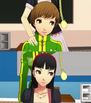 20s 2girls 3d 60fps amagi_yukiko animated atlus black_eyes black_hair black_shirt blinking blunt_bangs breasts brown_eyes brown_hair chalkboard classroom collarbone desk female_focus grabbing_another&#039;s_chin green_jacket hairband hand_on_another&#039;s_chin hand_on_another&#039;s_head happy headpat highres hime_cut holding holding_pocket_watch holding_watch hypnosis indoors jacket jewelry long_sleeves looping_animation matching_hair/eyes megami_tensei mind_control multiple_girls necklace open_mouth pendulum persona persona_4 persona_4:_dancing_all_night persona_dancing pocket_watch rolling_eyes satonaka_chie school shelf shin_megami_tensei shirt short_hair short_sleeves sitting skirt sleepy small_breasts smile source_filmmaker_(medium) split_screen standing swept_bangs synchronized tagme video vynil watch watching white_skirt