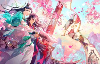 1girl 6+boys absurdres architecture bindi black_hair black_hanfu cherry_blossoms chinese_clothes chinese_hairpin chinese_wedding colorful cup curtained_hair day east_asian_architecture facial_mark flower folding_fan forehead_mark green_eyes green_hanfu green_ribbon hair_bun hair_ribbon hand_fan hanfu highres holding holding_cup holding_fan jewelry liu_qingge long_hair long_sleeves luo_binghe male_focus mobei_jun mountain mountainous_horizon multiple_boys official_art outdoors pastel_colors petals pink_flower red_eyes red_hanfu renzha_fanpai_zijiu_xitong ribbon ribboned_xiao_guan sakuramochi1003 scroll shang_qinghua shen_qingqiu sitting sky smile su_xiyan tianlang_jun tree two-tone_hanfu two-tone_robe wavy_hair wide_sleeves wind xiao_guan_(headdress) zuiyin