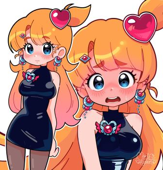 1girl absurdres alternate_costume arched_bangs arms_behind_back artist_name artist_self-insert bare_arms bare_shoulders black_dress blue_eyes blush breasts brown_pantyhose closed_mouth collarbone commentary cowboy_shot crescent crescent_earrings diamond_hair_ornament dress earrings english_commentary fingernails flustered full-face_blush furrowed_brow gradient_hair hair_ornament hairclip heart heart_hair_ornament heart_pin highres indie_virtual_youtuber jewelry long_hair looking_at_viewer marikyuunn marikyuunn_(vtuber) medium_breasts multicolored_hair multiple_views one_side_up open_mouth orange_hair pantyhose pencil_dress shiny_clothes short_dress signature simple_background sleeveless sleeveless_dress sweatdrop tareme teeth thick_eyebrows tongue very_long_hair virtual_youtuber white_background