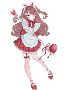 1girl absurdres animal_ears apron blush bow brown_hair closed_mouth dress fake_animal_ears food food-themed_hair_ornament footwear_bow fork frilled_apron frills fruit full_body hair_ornament hair_ribbon hairclip highres holding holding_fork ibispaint_(medium) long_hair mary_janes original parallel_hairclips pink_eyes plaid_clothes plaid_dress rabbit_ears rabbit_hair_ornament red_bow red_dress red_ribbon red_shoes ribbon shiina_(user_ecjx4545) shoes simple_background smile solo standing standing_on_one_leg strawberry strawberry_hair_ornament tachi-e thigh_strap white_apron white_background