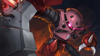 battle cavern claws commentary_request eye_trail feet_out_of_frame glowing glowing_eye gm_(mobile_suit) gundam highres light_trail matsumoto_(ma_tsuya) mecha mecha_focus mobile_suit mobile_suit_gundam no_humans one-eyed outstretched_arm red_eyes robot science_fiction solo_focus sparks standing z'gok_char_custom