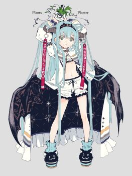 Rule 34 | 1girl, blue hair, commentary request, crop top, demon girl, demon wings, detached sleeves, flat chest, full body, green eyes, highres, horn ornament, horns, long hair, looking at viewer, low wings, navel, open clothes, open shirt, original, plant, shorts, solo, sumi keiichi, very long hair, wings