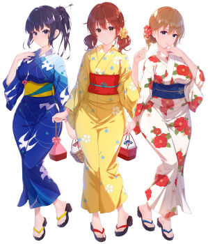 Rule 34 | 3girls, absurdres, animal print, bird print, black hair, blue eyes, blue kimono, breasts, brown hair, floral print, flower, full body, hair flower, hair ornament, hibike! euphonium, highres, japanese clothes, kimono, kousaka reina, kurenaiz (kureniz), kuroe mayu, large breasts, medium breasts, multiple girls, obi, oumae kumiko, ponytail, purple eyes, sandals, sash, simple background, twintails, white background, white kimono, wide hips, yellow eyes, yellow kimono, yukata