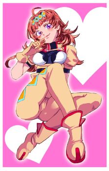 1girl ahoge black_bodysuit blush bodysuit boots breasts brown_hair charlotte_hasting gloves hairband heart heart_background index_finger_raised jacket long_hair looking_at_viewer medium_breasts onnaski pants pink_background puffy_sleeves purple_eyes short_sleeves sitting smile super_robot_wars super_robot_wars_v yellow_boots yellow_gloves yellow_jacket yellow_pants