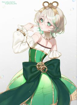 1girl back back_bow blue_sky blush bow braid cecilia_immergreen cecilia_immergreen_(1st_costume) colored_inner_hair commentary corset cowboy_shot detached_collar detached_sleeves doll_joints double-parted_bangs finger_to_cheek from_behind gears gold_trim green_bow green_corset green_eyes green_hair green_skirt green_streaks grey_hair hair_between_eyes hair_ornament highres hololive hololive_english joints large_bow looking_at_viewer looking_back median_furrow miniskirt multicolored_hair parted_lips pixiv_username raychu_zhak2858 romper see-through_clothes see-through_skirt short_hair side_braid single_braid skirt sky solo strapless_romper streaked_hair twisted_torso twitter_username underbust untranslatable_commentary virtual_youtuber white_romper white_sleeves winding_key