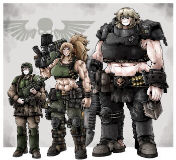 3girls abs absurdres ammunition_pouch aquila_(symbol) armor arms_at_side astra_militarum axe bandolier battle_axe belt belt_pouch black_eyes blonde_hair blue_eyes bolter boots border bracelet breasts bright_pupils buckle cadian_shock_troops cargo_pants catachan_jungle_fighter chest_height combat_helmet commentary dinka_(octosoup) double-sided_axe energy_gun english_commentary explosive fang fang_out full_body gorget green_tank_top grenade grey_background grin gun hand_up headband height_difference helmet high_ponytail highres holding holding_gun holding_weapon imperial_aquila imperium_of_man insignia jewelry kalani_(octosoup) knee_pads knife lasgun less_than_chest_height lineup long_hair long_sleeves looking_at_viewer medium_hair midriff military military_combat_uniform military_uniform multiple_girls multiple_scars muscular muscular_female necklace octosoup ogryn original over_shoulder pants ponytail pouch purple_eyes red_sweatband ripper_gun scar scar_on_arm shin_guards short_hair shoulder_armor side-by-side skull sleeveless smile soldier sophia_(octosoup) standing tank_top thigh_pouch tooth_necklace warhammer_40k weapon weapon_over_shoulder white_border