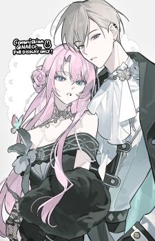 1boy 1girl ascot bare_shoulders black_dress blue_eyes bug butterfly coat dress evodtonaeco fishnet_gloves fishnets gloves grey_hair hair_behind_ear hair_bun highres insect jewelry lace lace_gloves long_hair looking_at_viewer necklace off-shoulder_dress off_shoulder open_clothes open_coat original parted_bangs parted_lips pearl_necklace pink_hair shirt short_hair swept_bangs white_ascot white_shirt