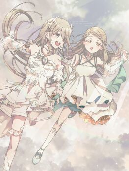 2girls :d :o barefoot blonde_hair braid braided_bangs breasts choker cloud collarbone commentary_request criss-cross_halter crown_braid detached_sleeves dress earrings floating floating_hair flower gakuen_idolmaster green_shoes green_sleeves grey_eyes halter_dress halterneck highres holding_another's_wrist idolmaster idolmaster_shiny_colors jewelry kneehighs koukei_(idolmaster) layered_dress light_rays long_hair looking_at_viewer looking_back midair multiple_girls necklace open_mouth orange_eyes serizawa_asahi shinosawa_hiro shoes short_dress sky small_breasts smile socks stud_earrings sunbeam sunlight ttktbk twitter_username watermark white_choker white_dress white_flower white_sleeves white_socks