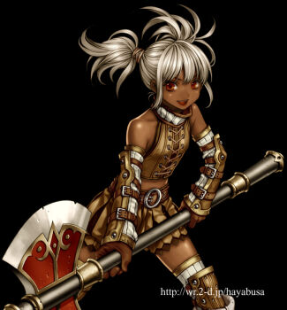 1girl acquire axe bare_shoulders battle_axe belt black_background dark-skinned_female dark_skin dwarf elbow_gloves female_focus gloves halterneck legs_apart miniskirt open_mouth orange_eyes pteruges simple_background skirt sleeveless sleeveless_turtleneck solo thighhighs turtleneck twintails weapon white_hair white_thighhighs wizardry yuki_hayabusa