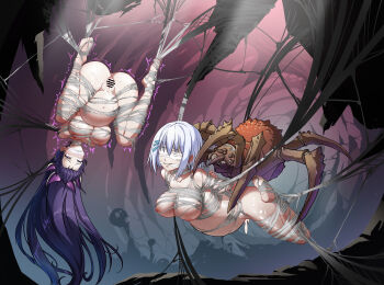 2girls absurdres animal bar_censor bestiality big_belly blindfold blue_eyes breasts bug cave censored completely_nude date_a_live egg_implantation gagged highres huge_filesize large_breasts long_hair multiple_girls nipples nude oversized_animal purple_hair pussy rape restrained rolling_eyes short_hair silk spider spider_web suspension tobiichi_origami trembling upside-down white_hair yatogami_tohka yukumo_no_ki