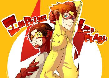 2boys back-to-back bart_allen bodysuit brown_hair character_name dc_comics family flash_(series) gloves goggles green_eyes highres impulse kid_flash male_focus multiple_boys red_hair simple_background wally_west yellow_eyes young_justice:_invasion