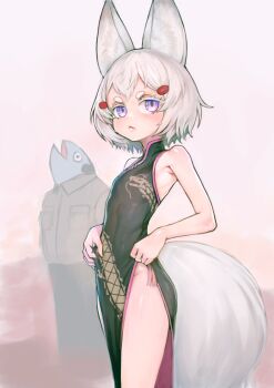 1girl animal_ear_fluff animal_ears armpits bare_arms bare_legs bare_shoulders black_dress breasts china_dress chinese_clothes dragon_print dress fox_ears fox_girl fox_tail h2osakana hair_ornament highres looking_up no_panties pelvic_curtain phase_connect print_dress purple_eyes side_slit small_breasts sussynano tail tenma_maemi thick_eyebrows virtual_youtuber white_hair