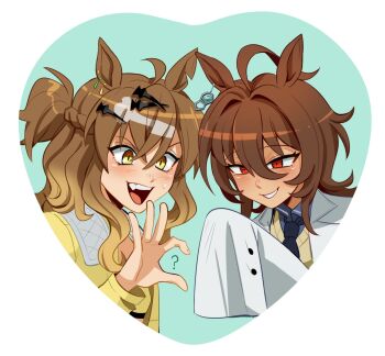 Rule 34 | 2girls, agnes tachyon (tach-nology) (umamusume), agnes tachyon (umamusume), ahoge, animal ears, blush, boro^2, brown hair, coat, ear ornament, earrings, fang, four-finger heart hands, grin, hair between eyes, hair ornament, hairclip, heart, heart hands, highres, horse ears, horse girl, huge ahoge, jacket, jewelry, jungle pocket (champion's battle cry) (umamusume), jungle pocket (umamusume), lab coat, long sleeves, looking at viewer, medium hair, multiple girls, necktie, notched ear, open mouth, red eyes, shirt, short necktie, single earring, sleeves past fingers, sleeves past wrists, smile, sweater, sweater vest, teeth, umamusume, white coat, yellow eyes, yellow jacket, yellow sweater, yellow sweater vest