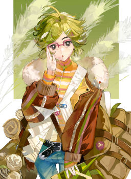 Rule 34 | 1girl, :o, absurdres, ahoge, bag, belt, black belt, black eyes, blue pants, border, brown bag, brown jacket, chinese commentary, commentary request, cowboy shot, denim, glasses, green background, green hair, hand up, highres, holding, holding notebook, jacket, jeans, looking at viewer, meiyou lizhi, notebook, outside border, over-rim eyewear, pants, paperclip, pink-framed eyewear, plant hair, reed (reverse:1999), reeds, reverse:1999, semi-rimless eyewear, short hair, shoulder bag, solo, sweater, white border, yellow sweater