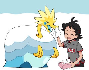 &gt;_&lt; 1boy :d antenna_hair arctozolt black_hair black_pants blue_tongue closed_eyes colored_tongue commentary_request eyelashes gen_8_pokemon goh_(pokemon) grey_shirt hand_up holding male_focus medium_hair nintendo open_mouth pants pokemon pokemon_(anime) pokemon_(creature) pokemon_journeys pokesumomo shirt short_sleeves smile snot tissue tissue_box tongue wiping_nose