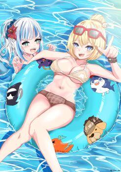 2girls absurdres bikini blonde_hair bloop_(gawr_gura) blue_eyes blue_hair blue_nails blush breasts brown_bikini bubba_(watson_amelia) claw_pose cleavage collarbone commentary death-sensei_(mori_calliope) dot_nose english_commentary feet fins fish_tail flower gawr_gura glasses hair_flower hair_ornament hibiscus hibiscus_hair_ornament highres hololive hololive_english holomyth innertube kotori_(takanashi_kiara) large_breasts long_hair looking_at_another midriff multicolored_hair multiple_girls nail_polish navel one-piece_swimsuit open_mouth partially_submerged plaid_bikini plaid_clothes plaid_one-piece_swimsuit pointing pointing_up ponytail print_innertube red-framed_eyewear shark_girl shark_tail sharp_nails sharp_teeth streaked_hair swim_ring swimsuit symbol-shaped_pupils tail takodachi_(ninomae_ina'nis) teeth upper_teeth_only varo_006 virtual_youtuber water watson_amelia white_bikini white_hair