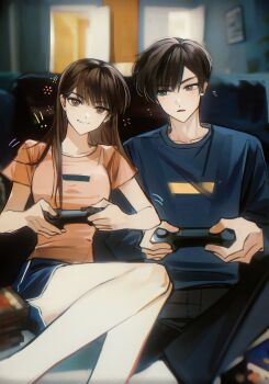 ! !! 1boy 1girl absurdres bare_arms bare_legs black_pants blue_shirt blue_shorts breasts brown_eyes brown_hair collarbone controller couch determined doorway dot_nose feet_out_of_frame frown game_controller grey_eyes grin highres indoors light_blush living_room long_hair long_sleeves looking_at_viewer mkmwyydlp motion_lines notice_lines on_couch open_mouth orange_shirt original pants photo_(object) picture_frame playing_games shirt short_hair short_sleeves shorts sitting smile socks swept_bangs t-shirt white_socks