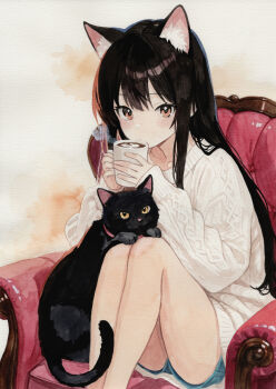 1girl absurdres animal_ears armchair ayane_(ayaneiroaya) black_cat black_hair blue_shorts cat cat_ears cat_girl cat_tail chair cup denim denim_shorts extra_ears highres holding holding_cup hot_chocolate knit_sweater long_hair long_sleeves looking_at_viewer mug original painting_(medium) short_shorts shorts simple_background sitting steam sweater tail traditional_media watercolor_(medium) white_sweater