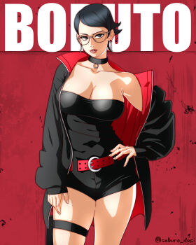 1girl absurdres arm_at_side armpits belt belt_buckle black_choker black_coat black_eyes black_hair boruto:_two_blue_vortex breasts buckle choker coat collarbone copyright_name cowboy_shot cowlick earrings glasses hand_on_own_hip highres jewelry large_breasts leotard long_sleeves looking_at_viewer naruto_(series) no_pupils off_shoulder raised_eyebrow red_background red_belt saburo_des short_hair strapless strapless_leotard thigh_strap thighs twitter_username uchiha_sarada