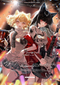 Rule 34 | 2girls, :d, animal ear fluff, animal ears, black gloves, black hair, black nails, black skirt, blonde hair, bracelet, breasts, cat ears, fingerless gloves, fishnets, garter straps, gloves, guitar, highres, holding, holding instrument, image sample, instrument, jacket, jewelry, jileqizhanshi, long hair, looking at viewer, mihuashi sample, miniskirt, multiple girls, music, nail polish, necklace, off shoulder, open clothes, open jacket, open mouth, original, piercing, plaid clothes, plaid skirt, red eyes, red jacket, ring, shirt, short hair, skirt, smile, tank top, tattoo, thighhighs, white shirt, yellow eyes