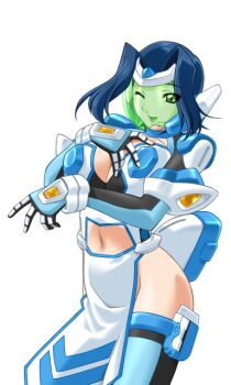 1girl armor blue_hair blue_thighhighs breasts center_opening cleavage clothing_cutout face_shield game_cg gan-chan_(artist) gloves green_eyes hair_intakes headgear hishidou_aiko hitozuma_sentai_aisaiger large_breasts large_variant_set lipstick magical_girl makeup mecha_musume navel navel_cutout no_panties non-web_source official_art one_eye_closed pelvic_curtain saiger_iris short_hair smile solo thighhighs transparent_background variant_set