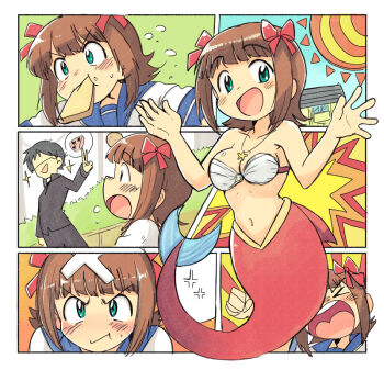 >_< 1boy 1girl :d :t amami_haruka anger_vein angry bare_arms bikini bikini_top_only blue_sailor_collar bow bread bread_slice breasts brown_hair food food_in_mouth green_eyes hair_bow idolmaster idolmaster_(classic) jewelry looking_at_viewer merfolk mermaid monster_girl monsterification mouth_hold multiple_hair_bows navel necklace open_mouth red_bow sailor_collar shirt short_hair smile star_(symbol) star_necklace swimsuit toast toast_in_mouth tsubobot v-shaped_eyebrows white_bikini white_shirt