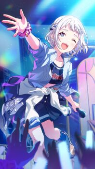 Rule 34 | blue eyes, blue hair, braid, buttons, campus mode!! (idolmaster), clothes around waist, floral print, gakuen idolmaster, game cg, glowstick, grey hair, holding, holding microphone, idol clothes, idolmaster, katsuragi lilja, kneehighs, microphone, multicolored hair, official art, one eye closed, one leg raised, open mouth, rabbit, scrunchie, skirt, socks, sweater, sweater around waist, wrist scrunchie