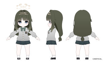 1girl absurdres ankle_socks black_shoes blue_archive blue_eyes blunt_bangs bow bowtie brown_halo cardigan diagonal-striped_bow diagonal-striped_bowtie diagonal-striped_clothes dong_ji emblem from_behind from_side green_bow green_bowtie green_hair grey_cardigan hair_intakes halo headband highres long_hair multiple_views pleated_skirt reference_sheet shoes skirt socks solo striped_bow striped_bowtie striped_clothes t-pose tsumugi_(blue_archive) white_socks wild_hunt_academy_of_arts_logo