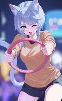 Rule 34 | 1girl, absurdres, anima miko, animal ear fluff, animal ears, blue eyes, bow, braid, cat ears, cat girl, cat tail, cipher (hello world!) (honkai: star rail), cipher (honkai: star rail), commentary request, grey hair, highres, holding, honkai: star rail, honkai (series), indoors, official alternate costume, one eye closed, orange shirt, shirt, shorts, side braid, tail, thighs, white streaks, yellow nails