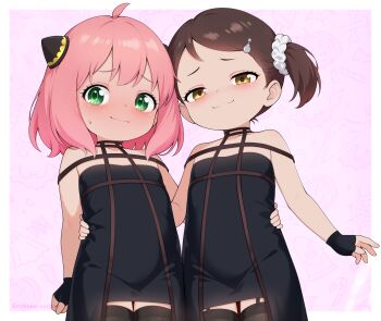 ahoge anya_(spy_x_family) becky_blackbell blush brown_hair cosplay dress embarrassed eroneko_senpai fingerless_gloves flat_chest gloves green_eyes hair_ornament hairclip hairpods highres legs loli medium_hair pink_hair short_twintails smile spy_x_family standing sweat thighhighs thighs twintails wavy_mouth yellow_eyes