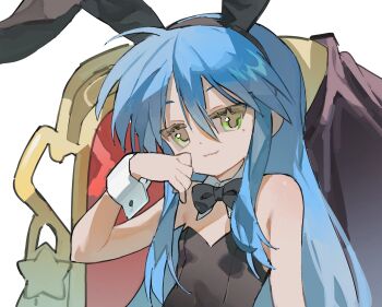 1girl :3 animal_ear_hairband animal_ears bare_shoulders black_bow black_bowtie black_hairband blue_hair bow bowtie closed_mouth commentary_request detached_collar dot_nose fake_animal_ears green_eyes hair_between_eyes hairband hand_up highres izumi_konata jin_(jin_sen0956) long_hair lucky_star mole mole_under_eye on_throne playboy_bunny rabbit_ear_hairband rabbit_ears sidelocks simple_background solo throne unworn_clothes white_background white_wrist_cuffs wrist_cuffs