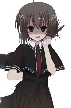 1girl @_@ ahoge alternate_color aqua_eyes arm_behind_back black_capelet black_shirt black_skirt brown_hair capelet clenched_hand collared_shirt commentary company_connection cowboy_shot crazy crazy_eyes crazy_smile folded_ponytail hair_between_eyes hand_up highres index_finger_raised looking_at_viewer mahigu_re medium_hair necktie open_mouth red_necktie school_uniform shaded_face shirt simple_background skirt smile solo subarashiki_hibi tachibana_kimika tsui_no_sora tsui_no_sora_(remake) white_background