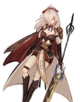 1girl armor bow breastplate breasts cape cleavage closed_eyes commentary_request genderswap genderswap_(mtf) grey_hair hair_bow highres holding holding_polearm holding_weapon honkai:_star_rail honkai_(series) jhenny345 jing_yuan long_hair medium_breasts pelvic_curtain polearm red_bow red_cape red_shorts shorts shoulder_armor simple_background sleeping solo spanish_commentary thigh_strap weapon white_background