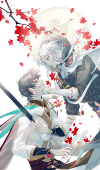 2boys animal_print aqua_eyes aqua_ribbon arm_guards belt black_hair black_hanfu black_robe black_shirt boneless_carp_(the_tale_of_food) branch brown_sash cape chinese_clothes chinese_commentary curtained_hair eye_contact falling_petals fish_print flower from_side full_moon hair_between_eyes hair_over_shoulder hand_on_another&#039;s_cheek hand_on_another&#039;s_face hanfu highres holding holding_sword holding_weapon hood hood_up hooded_robe long_hair long_sidelocks long_sleeves looking_at_another low-tied_sidelocks low_ponytail male_focus moon multiple_boys parted_bangs parted_lips petals ponytail profile purple_sash red_belt red_cape red_flower red_petals ribbon robe sash shirt short_hair sidelocks silhouette snniou sword taibai_duck_(the_tale_of_food) tassel the_tale_of_food two-sided_cape two-sided_fabric upper_body waist_sash weapon white_background white_cape white_hair white_hanfu white_robe yaoi yellow_eyes