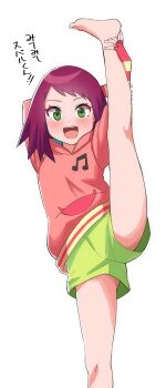 1girl commentary_request cowboy_shot green_eyes green_shorts highres hood hood_down hoodie medium_hair mega_man_(series) mega_man_star_force_(series) musical_note musical_note_print pink_hoodie print_hoodie red_hair short_shorts shorts simple_background solo sonia_strumm_(mega_man) split standing standing_on_one_leg standing_split translation_request white_background xxr_uu