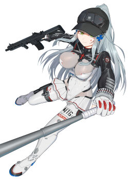 1girl absurdres assault_rifle assless_skirt baseball_cap baton_(weapon) clothes_writing cross_hair_ornament flashbang frilled_bodysuit full_body girls&#039;_frontline girls&#039;_frontline_2:_exilium gun h&amp;k_hk416 hair_ornament hat highres hk416_(girls&#039;_frontline) holding holding_baton holding_gun holding_weapon holster klukai_(girls&#039;_frontline_2) klukai_(speed_star)_(girls&#039;_frontline_2) looking_at_viewer moriyama_a multicolored_bodysuit official_alternate_costume ponytail rifle solo tattoo teardrop teardrop_facial_mark teardrop_tattoo thigh_holster two-tone_bodysuit weapon white_background