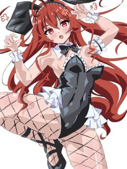 Rule 34 | 1girl, absurdres, amanotti 01, anger vein, animal ear hairband, animal ears, anime coloring, armband, black bow, black bowtie, black leotard, bow, bowtie, brown hair, commentary request, detached collar, eris greyrat, fake animal ears, fishnet pantyhose, fishnets, frilled armband, frilled leotard, frilled wrist cuffs, frills, hairband, highres, leotard, long hair, mushoku tensei, pantyhose, playboy bunny, rabbit ears, red eyes, solo, standing, standing on one leg, strapless, strapless leotard, wrist cuffs