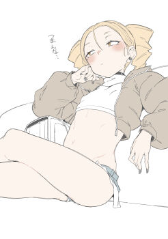 1girl absurdres black_choker blonde_hair blush breasts choker covered_erect_nipples cropped_jacket cropped_shirt cutoffs denim denim_shorts earrings flat_chest hair_between_eyes highres jacket jewelry midriff mole mole_under_eye nail_polish navel open_clothes open_jacket original short_shorts shorts simple_background sitting small_breasts solo twintails white_background zettai_yarumoni