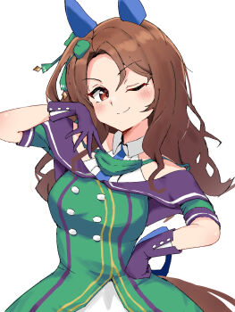 1girl black_gloves brown_hair buttons commentary commission dress ear_covers gloves green_dress highres horse_girl king_halo_(king_of_emeralds)_(umamusume) king_halo_(umamusume) looking_at_viewer one_eye_closed pixiv_commission red_eyes solo tylerdurdenen umamusume white_background