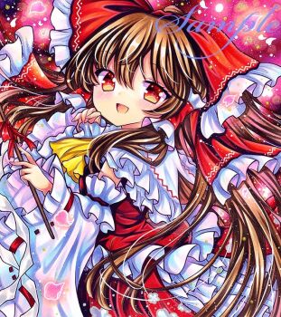 Rule 34 | 1girl, :d, ascot, bow, brown hair, commentary, detached sleeves, floral print, frilled bow, frilled hair tubes, frilled sleeves, frills, hair between eyes, hair bow, hair tubes, hakurei reimu, long hair, long sleeves, looking at viewer, marker (medium), open mouth, petals, red background, red bow, red eyes, red ribbon, red shirt, red skirt, ribbon, ribbon-trimmed sleeves, ribbon trim, rui (sugar3), sample watermark, shirt, skirt, smile, solo, touhou, traditional media, upper body, very long hair, watermark, white sleeves, wide sleeves, yellow ascot