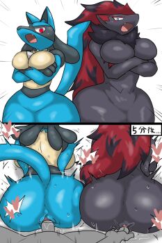animal_ears black_skin blue_skin breasts colored_skin doggystyle enigi09 ffm_threesome fingering furry furry_female furry_with_non-furry gen_4_pokemon gen_5_pokemon grey_skin group_sex heart highres huge_breasts huge_penis interspecies japanese_text lucario nintendo open_mouth penis petals pointy_ears pokemon pov purple_eyes pussy pussy_juice red_eyes sex sex_from_behind speech_bubble threesome vaginal zoroark
