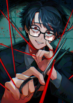 1boy absurdres black-framed_eyewear black_hair black_jacket black_necktie buttoned_cuffs buttons collared_shirt commentary_request formal_clothes glasses green_background grey_shirt grin highres holding holding_scissors jacket lapels long_sleeves looking_at_viewer male_focus necktie notched_lapels open_mouth original rectangular_eyewear red_eyes reflection saba_tet1126 scissors shirt short_hair smile solo string string_of_fate suit suit_jacket teeth upper_body