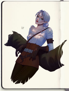 1girl absurdres arm_belt artist_logo belt belt_buckle black_eyeshadow blouse breasts brown_belt brown_corset brown_gloves buckle ciri collarbone corset cowboy_shot cropped_legs curtained_hair dappled_sunlight eyeshadow gloves green_eyes grey_hair hair_bun head_tilt highres leather leather_belt leather_gloves leather_pants logo long_hair looking_to_the_side makeup medium_breasts mistravn pants parted_lips photoshop_(medium) red_lips shirt shoulder_strap simple_background solo sunlight the_witcher_(series) white_background white_shirt