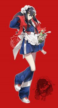 Rule 34 | 1girl, absurdres, adapted costume, alternate costume, apron, black hair, blue leg warmers, blue shirt, blue skirt, carmine (pokemon), chibi, chibi inset, colored inner hair, commentary, crossed bangs, enmaided, eyelashes, frilled apron, frills, hair between eyes, hair ornament, hairband, hairclip, hand in own hair, heart, highres, leg warmers, long hair, long sleeves, maid, maid apron, maid headdress, mole, mole under eye, multicolored hair, nintendo, no-kan, pokemon, pokemon sv, poltchageist, red background, red hair, shirt, shoes, sinistcha, skirt, smile, thick eyebrows, two-tone hair, waist apron, white apron, white shoes, yellow eyes