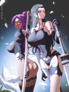 2b_(nier:automata) 2b_(nier:automata)_(cosplay) 2girls a2_(nier:automata) a2_(nier:automata)_(cosplay) absurdres ass bare_shoulders beastlord_(sword) black_dress black_gloves black_hair black_thighhighs bleach blue_eyes blush boots breasts cleavage cleavage_cutout closed_mouth clothing_cutout company_connection cosplay crossover curvy dark-skinned_female dark_skin dress elbow_gloves female_focus flower gloves highleg highleg_leotard highres holding holding_weapon huge_ass juliet_sleeves large_breasts leotard long_hair long_sleeves looking_at_viewer multiple_girls navel nico_robin nier nier:automata nier_(series) one_piece opalis petals ponytail puffy_sleeves purple_hair reverse_grip shihouin_yoruichi sideboob smile sword thighhighs thighs thong_leotard virtuous_contract weapon wide_hips yellow_eyes