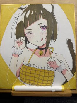 1girl ;q alternate_hair_length_(shorter) animal_ears art_tools_in_frame bikini blush bob_cut border brown_hair cat_ears cat_girl cat_tail collarbone commentary_request frilled_bikini frills halterneck highres inverted_bob kachimachi_kosuzu link!_like!_love_live! looking_at_viewer love_live! marker marker_(medium) official_alternate_hairstyle one_eye_closed paw_pose pink_eyes shikishi short_hair simple_background solo swimsuit tail tongue tongue_out traditional_media upper_body virtual_youtuber white_background yaa-kun yellow_bikini yellow_border