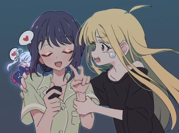 Rule 34 | :d, ahoge, bent v, black shirt, blonde hair, blue background, brown eyes, chibi, cho kaguya-hime!, closed eyes, constricted pupils, grabbing another's arm, green pajamas, green shirt, hand on another's shoulder, hands up, hashtag-only commentary, heart, highres, kaguya (cho kaguya-hime!), krill55, long hair, looking at another, mini person, minigirl, open mouth, pajamas, purple hair, runami yachiyo, sakayori iroha, shirt, short hair, short sleeves, simple background, smile, spoken heart, t-shirt, tears, upper body, v